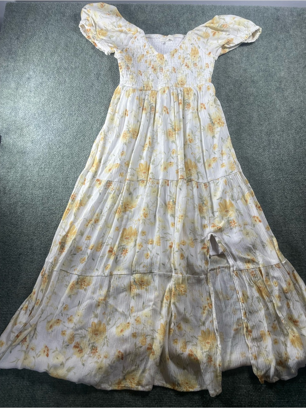 Cottagecore Ultra Flirt White and Yellow Floral Puff-Sleeve Maxi Dress